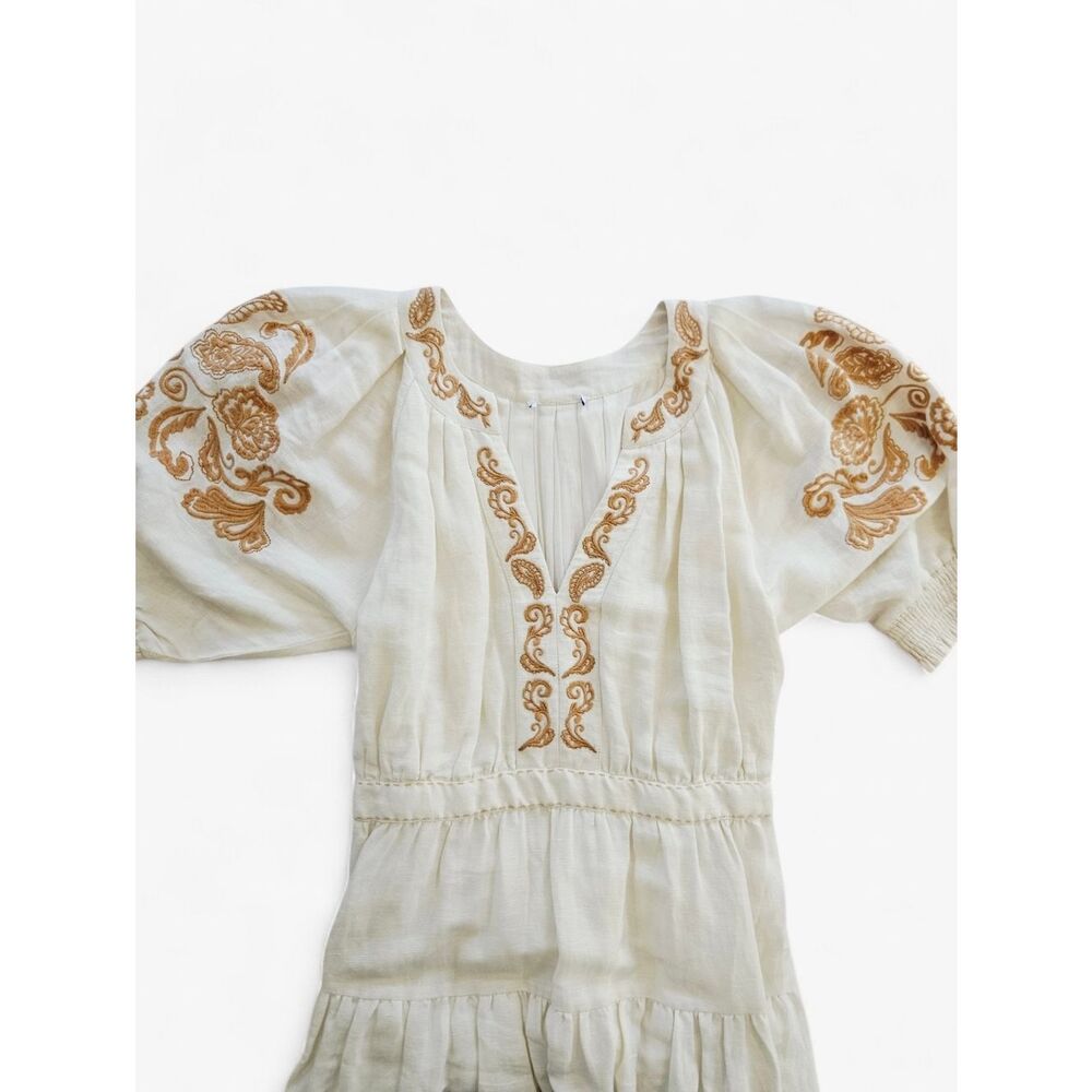 Cartolina Lizette Linen Blend Embroidered Belted Puff Sleeve Ivory Midi Dress M - Picture 7 of 16